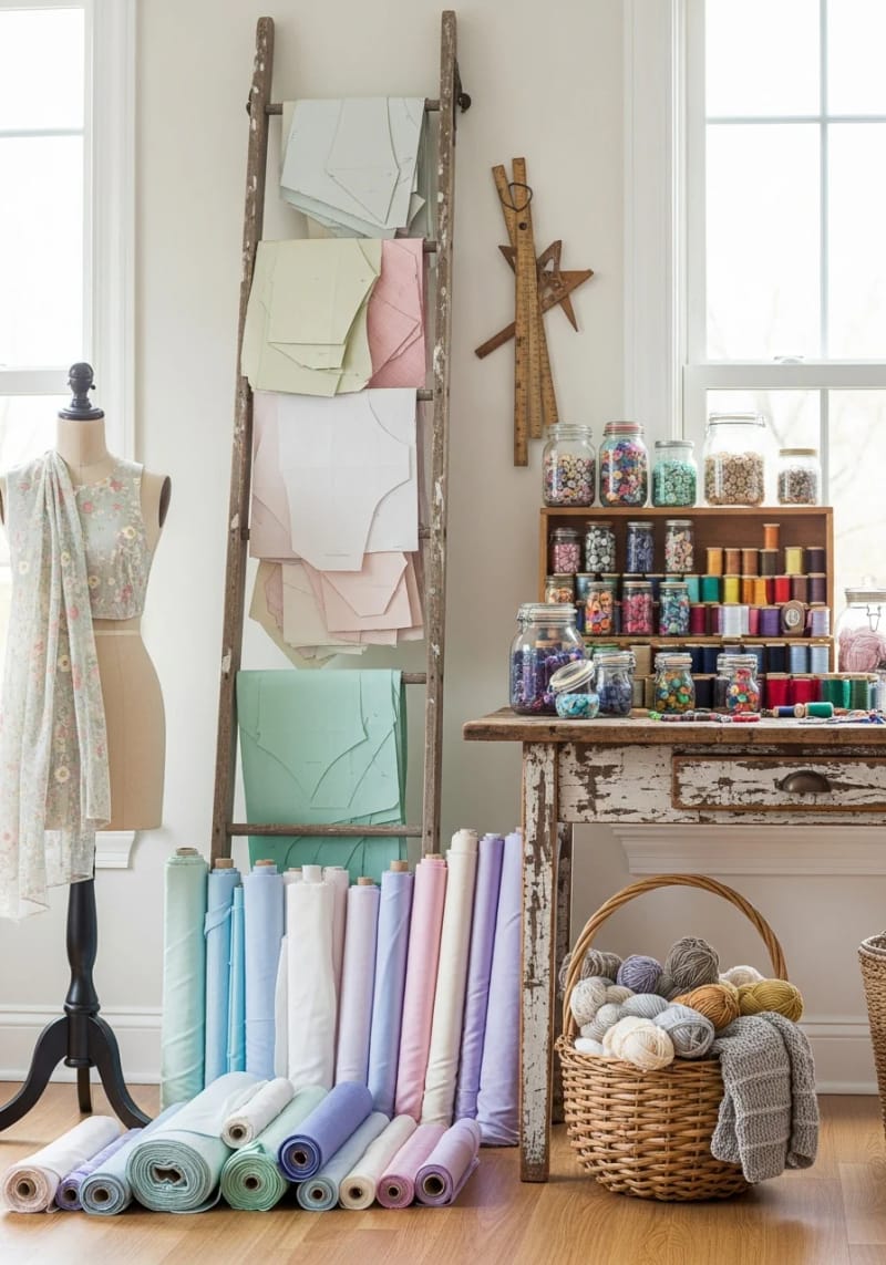 15 sewing room organization ideas to remove and inspire creativity 31 Vintage Laden leaned against the wall to go to drapier patterns and rulers 1