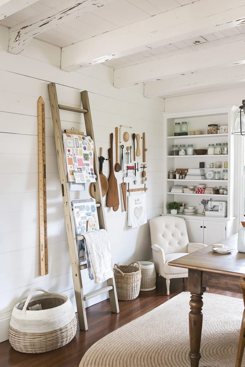 15 sewing room organization ideas to remove and inspire creativity 32 Vintage Laden leaned against the wall to go to drapier patterns and rulers 1