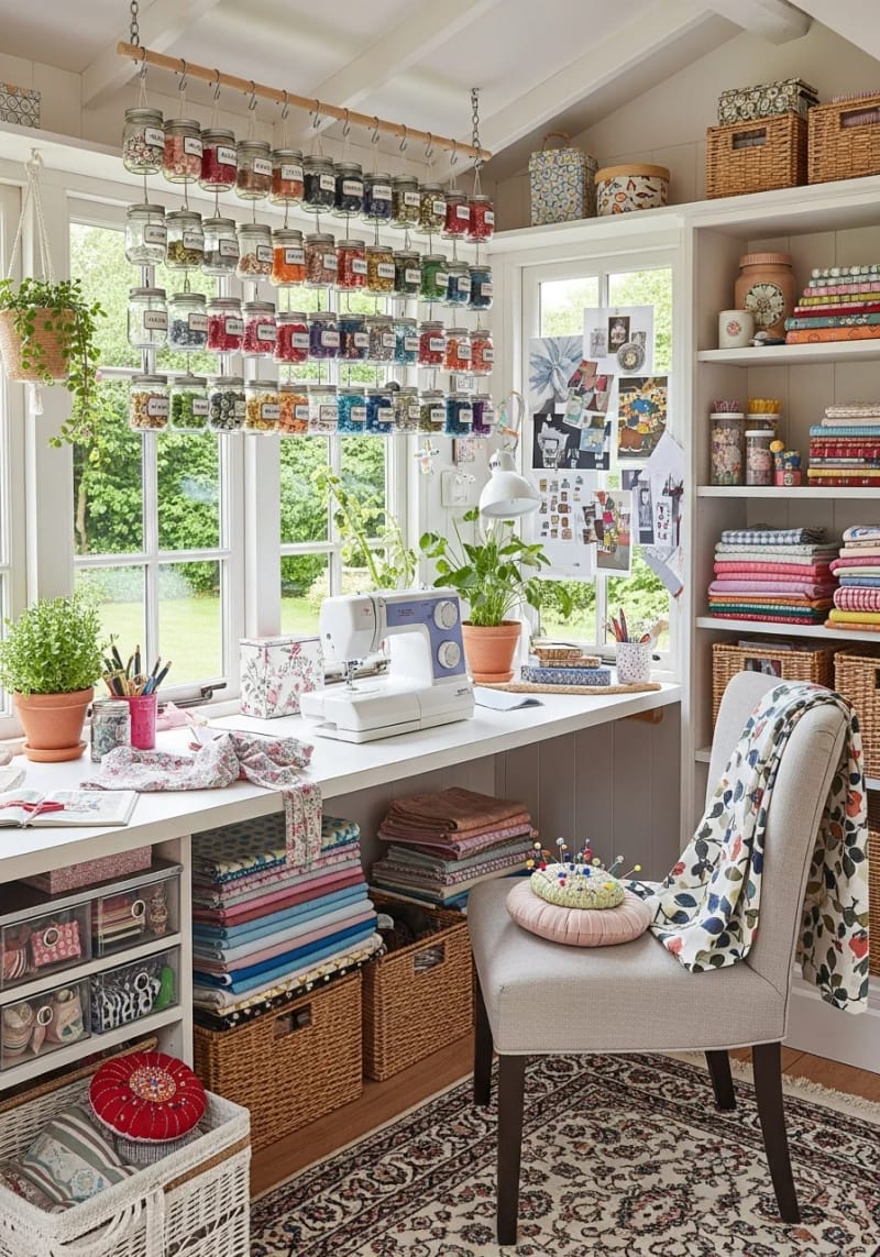 15 sewing room organization ideas to declare and inspire creativity 10 Window side sewing table with hanging masong glass in terms of rack 1