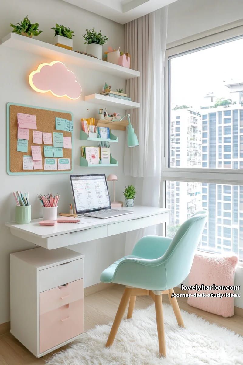 23 innovative Eckschreibtisch-Studienideen für moderne Räume 28 Ästhetischer Eckarbeitsplatz in Pastelltönen mit wolkenförmigen LED-Leuchten 1