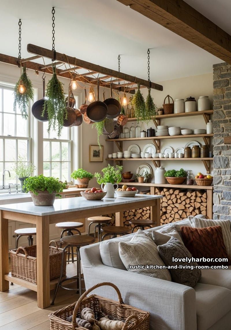 15 Rustic Kitchen and Living Room Combos for Modern Homes 29 Antique ladder used as a pot rack over a marble-topped island 1
