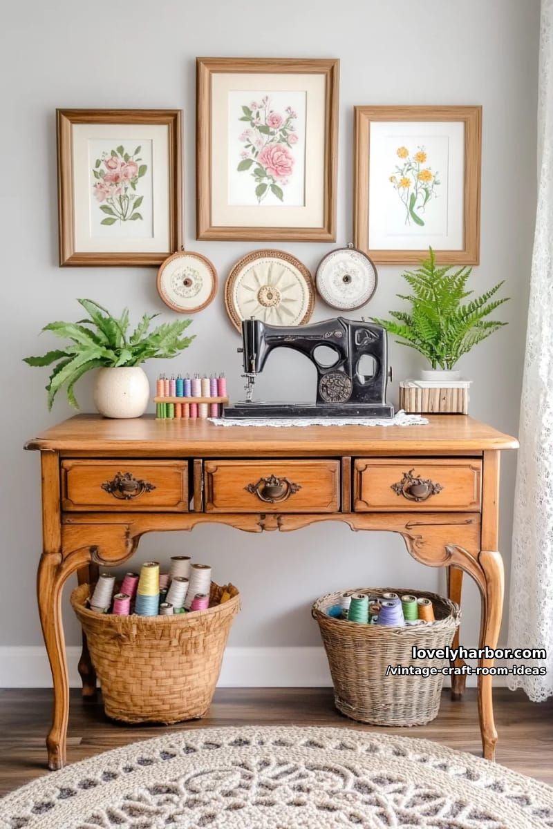15 Vintage Craft Room Ideas for a Charming Creative Space 6 antique sewing table with a gallery wall full of botanical prints and embroidery hoops 1