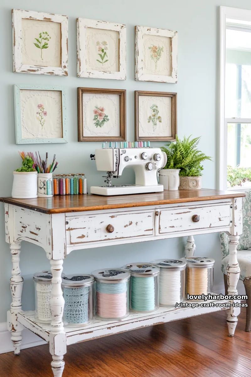 15 Vintage Craft Room Ideas for a Charming Creative Space 7 antique sewing table with a gallery wall full of botanical prints and embroidery hoops 1