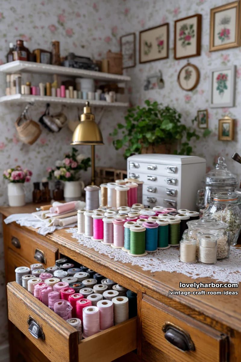 15 Vintage Craft Room Ideas for a Charming Creative Space 3 Apothecary-style drawer cabinet for storing colorful ribbons, threads and vintage buttons 1