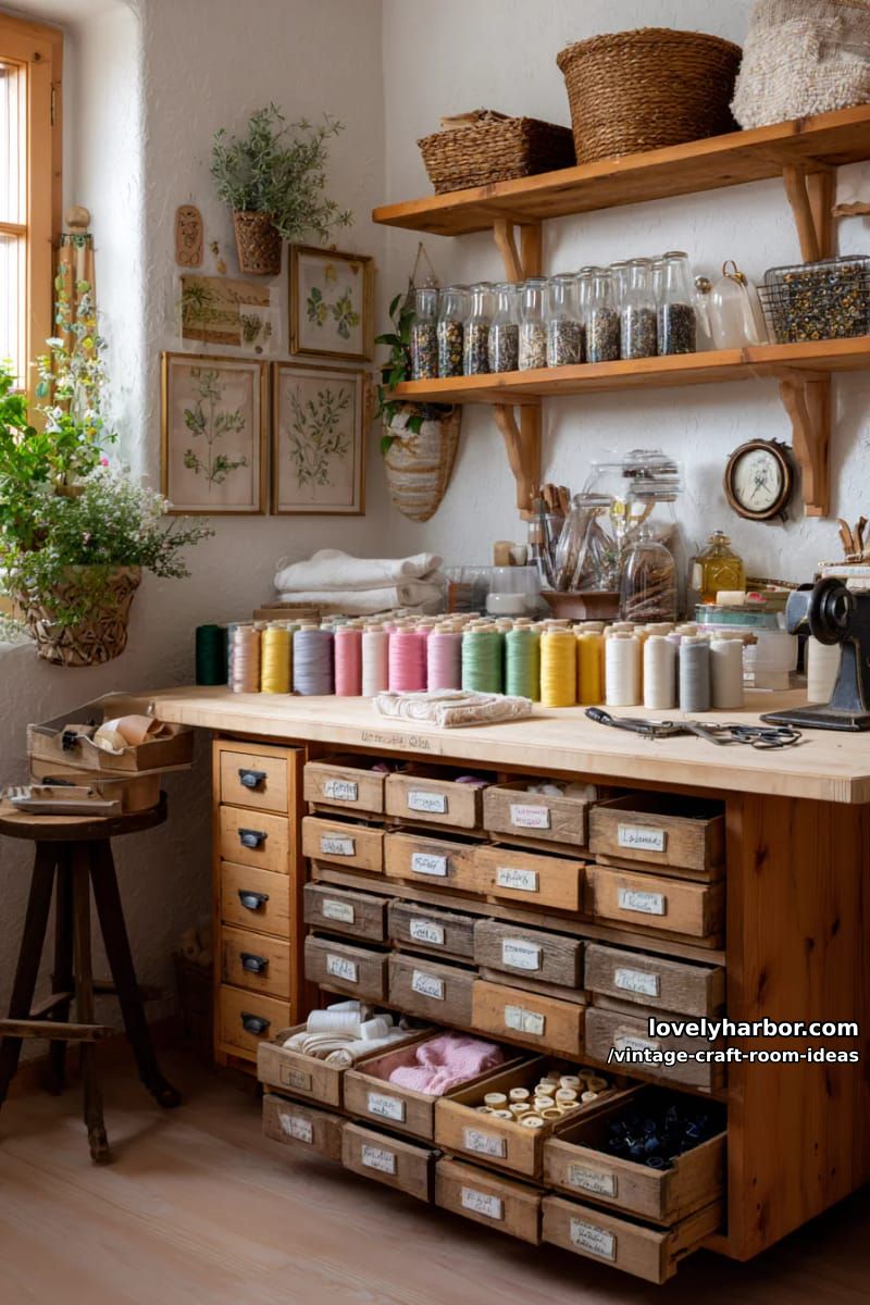 15 vintage craft room ideas for a charming creative space 4 Apothecary-style drawer cabinet for storing colorful ribbons, threads and vintage buttons 1
