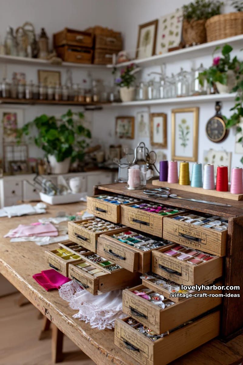 15 Vintage Craft Room Ideas for a Charming Creative Space 5 Apothecary-style drawer cabinet for storing colorful ribbons, threads and vintage buttons 1