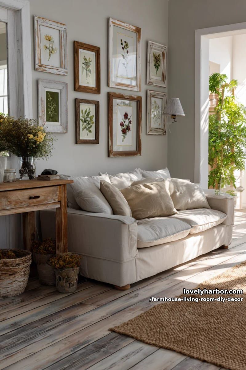 Put together a gallery wall using a variety of rustic frames and botanical prints. 1