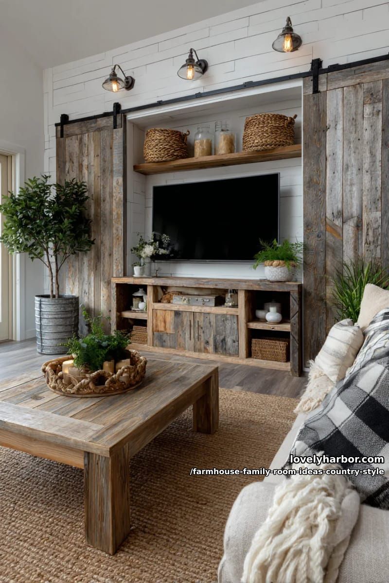 Entertainment center with barn door flanked by galvanized metal wall sconces 1
