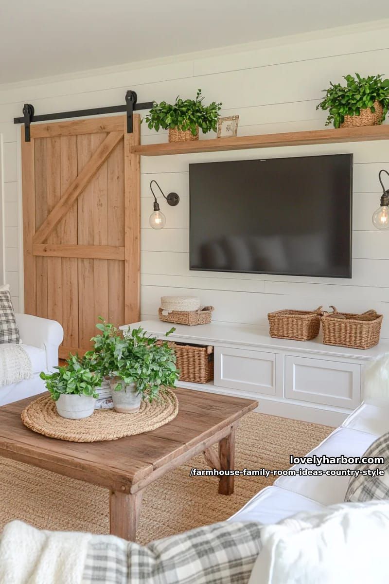 Entertainment center with barn door flanked by galvanized metal wall sconces 1