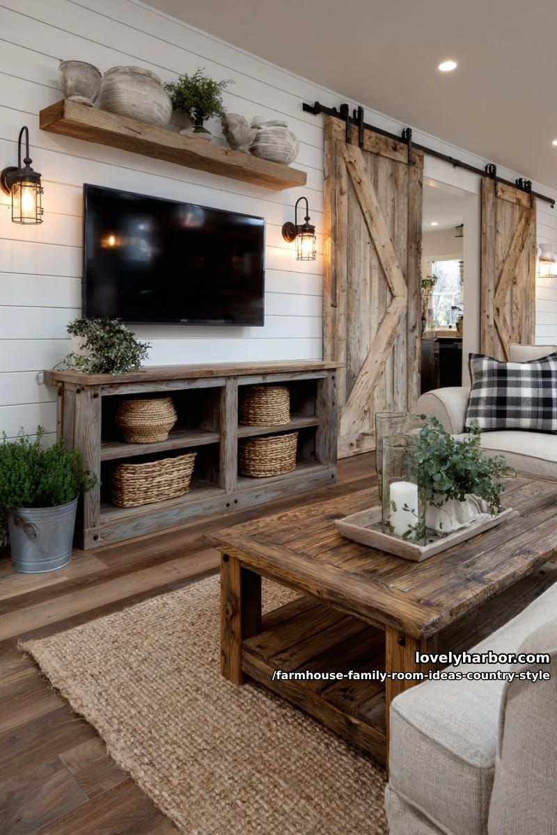 Entertainment center with barn door flanked by galvanized metal wall sconces 1