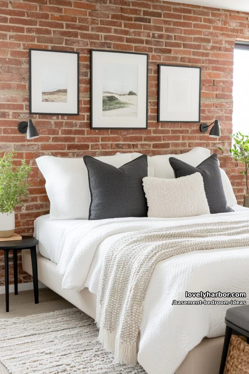 Basement bedroom with exposed brick, gallery wall and modern black fittings 1