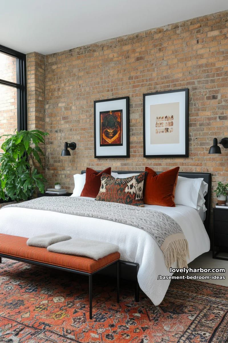 Basement bedroom with exposed brick, gallery wall and modern black fittings 1