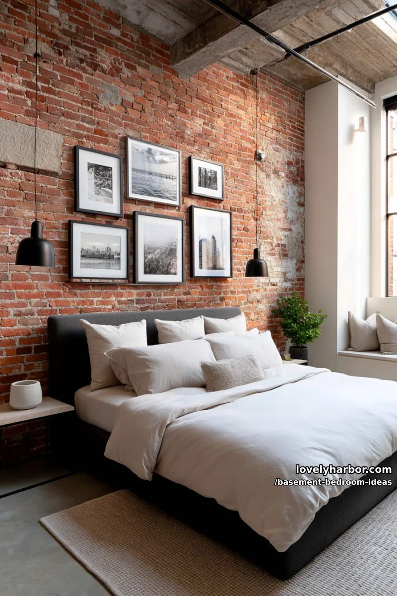 Basement bedroom with exposed brick, gallery wall and modern black fittings 1