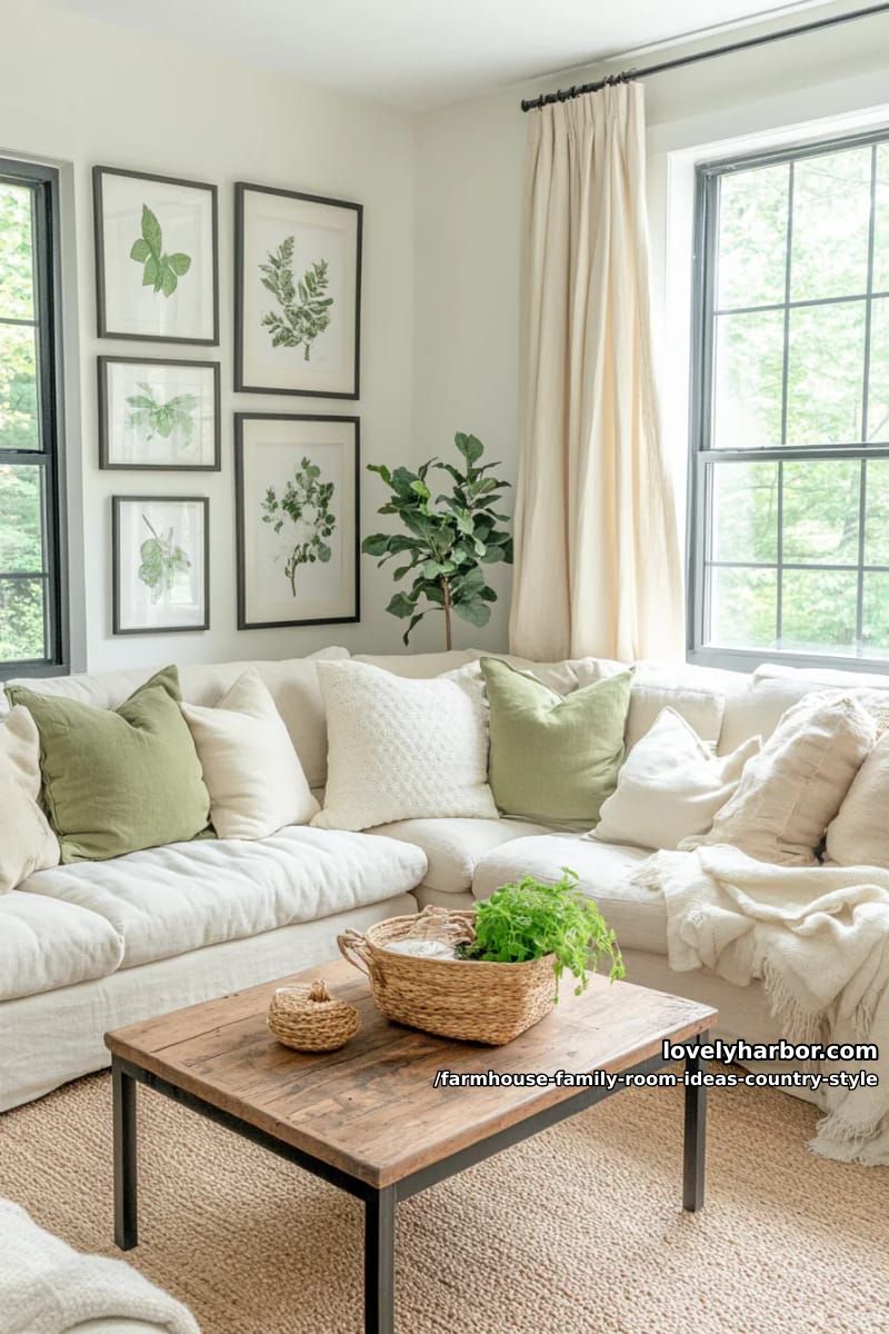 Black framed windows with natural linen curtains and botanical prints in country style 1