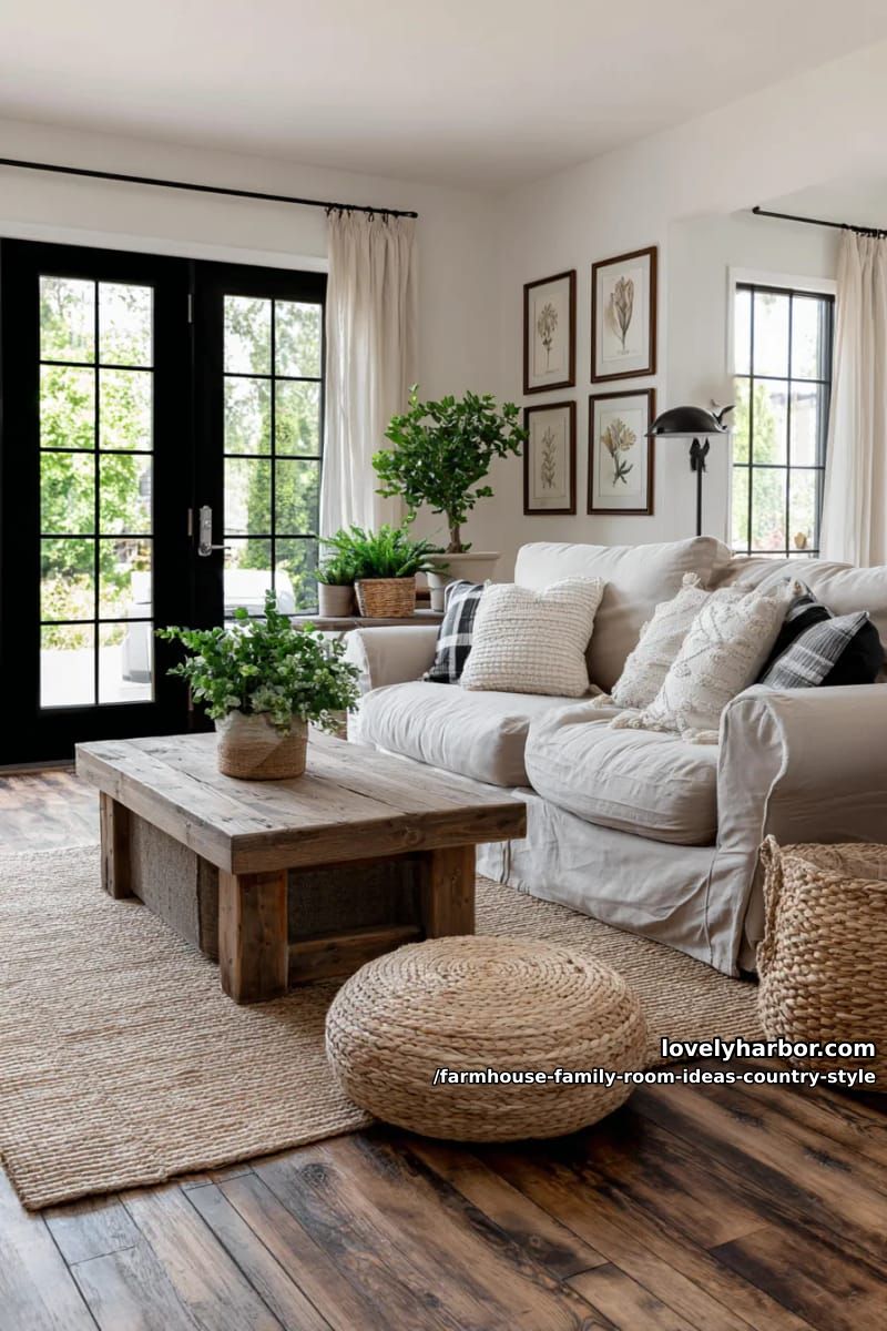 Black framed windows with natural linen curtains and botanical prints in country style 1