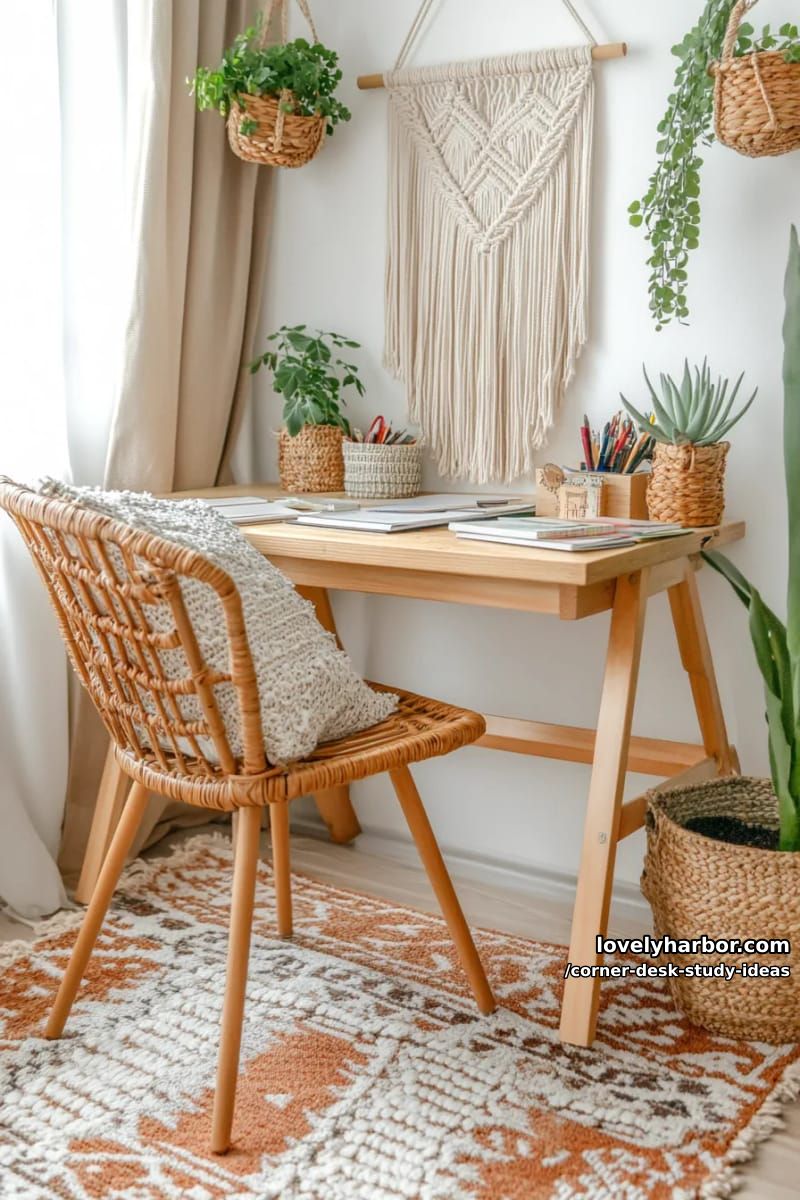 23 innovative Eckschreibtisch-Studienideen für moderne Räume 17 Boho-Eckarbeitszimmer mit Rattanstuhl, geflochtenen Körben und Makramee-Wandbehang 1