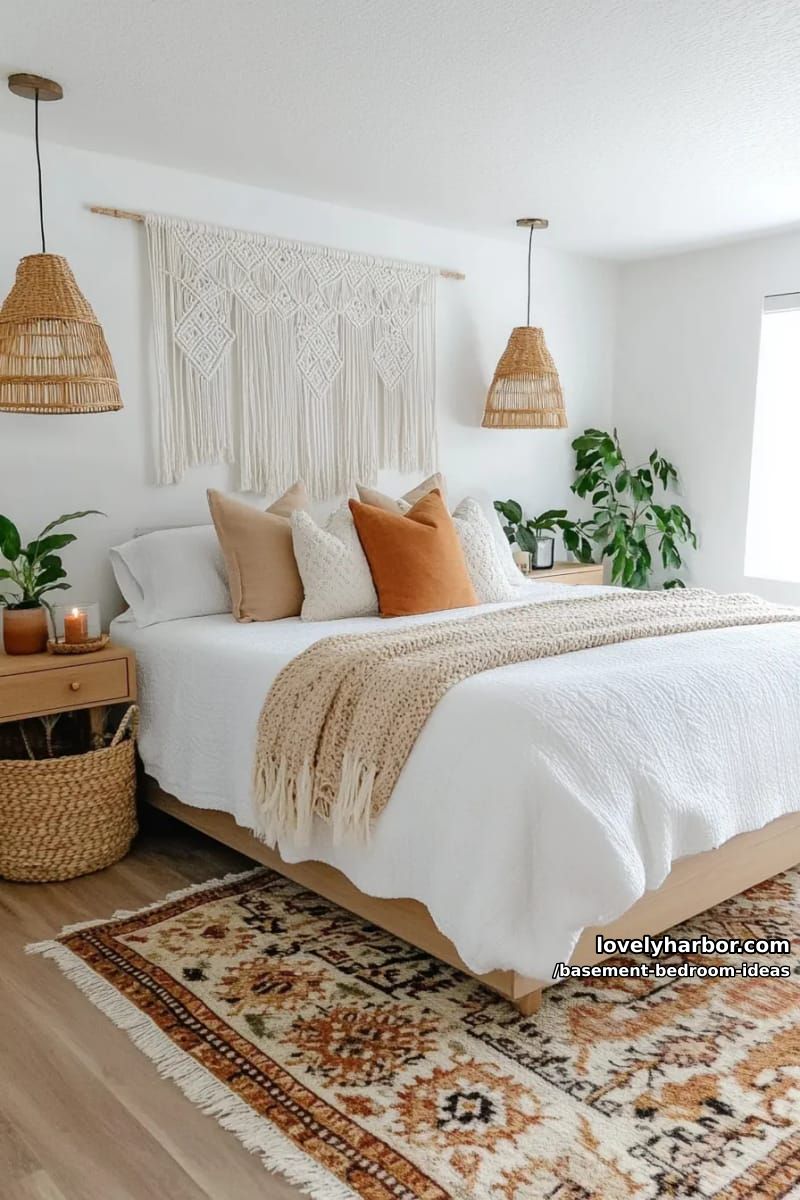 Boho retreat with macrame wall hangings, rattan lamps and patterned kilim rug 1
