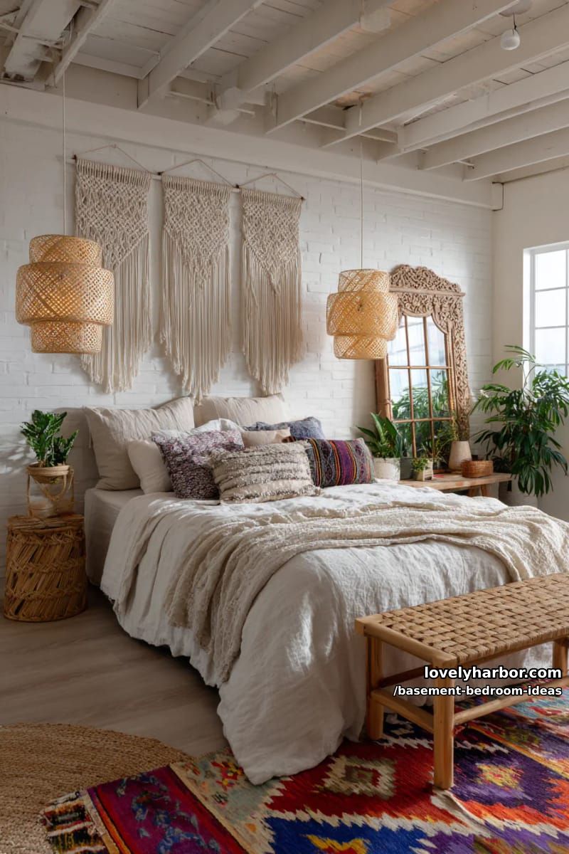 Boho retreat with macrame wall hangings, rattan lamps and patterned kilim rug 1