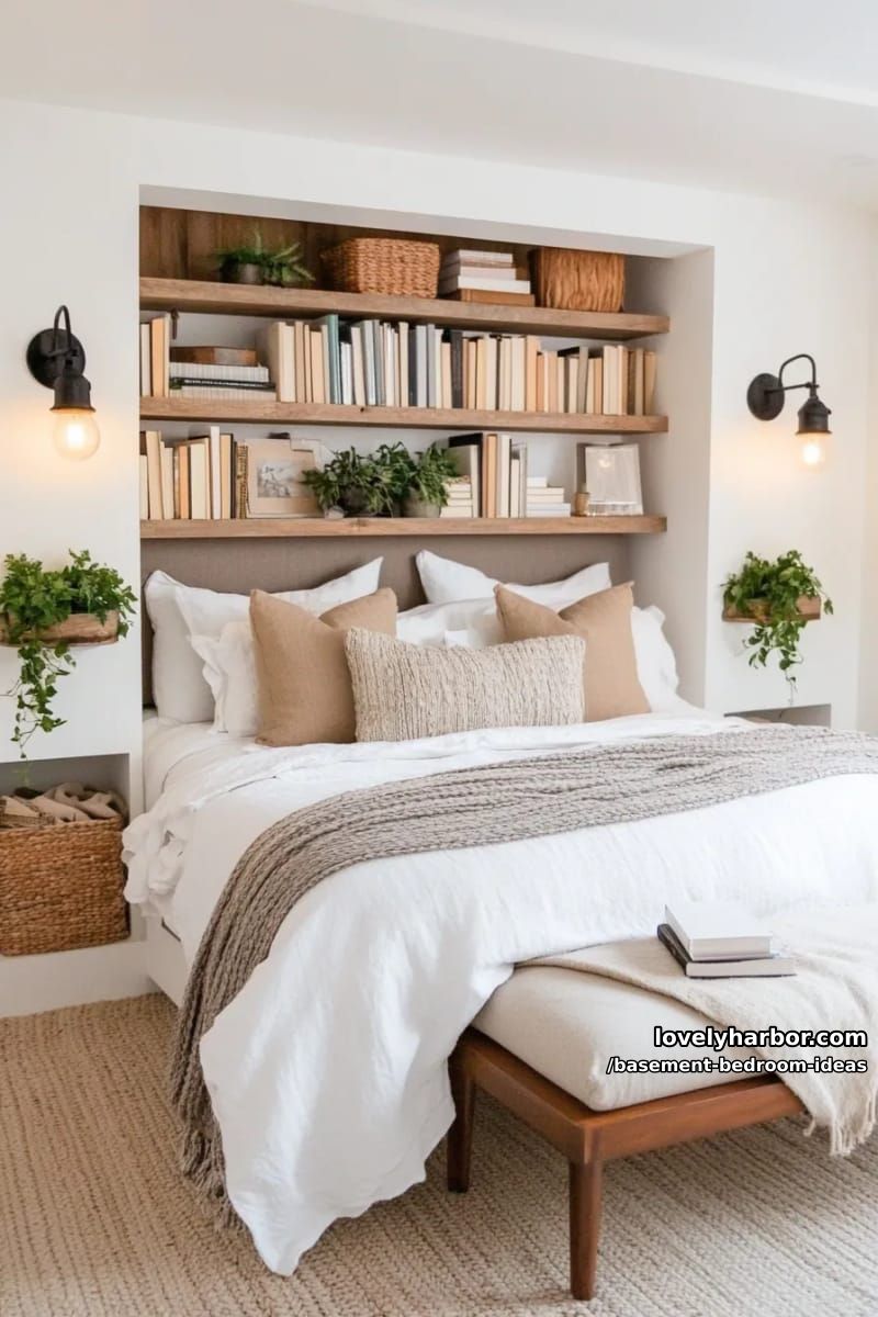 Integrated bookcase headboard flanked by cozy reading lamps and storage benches 1