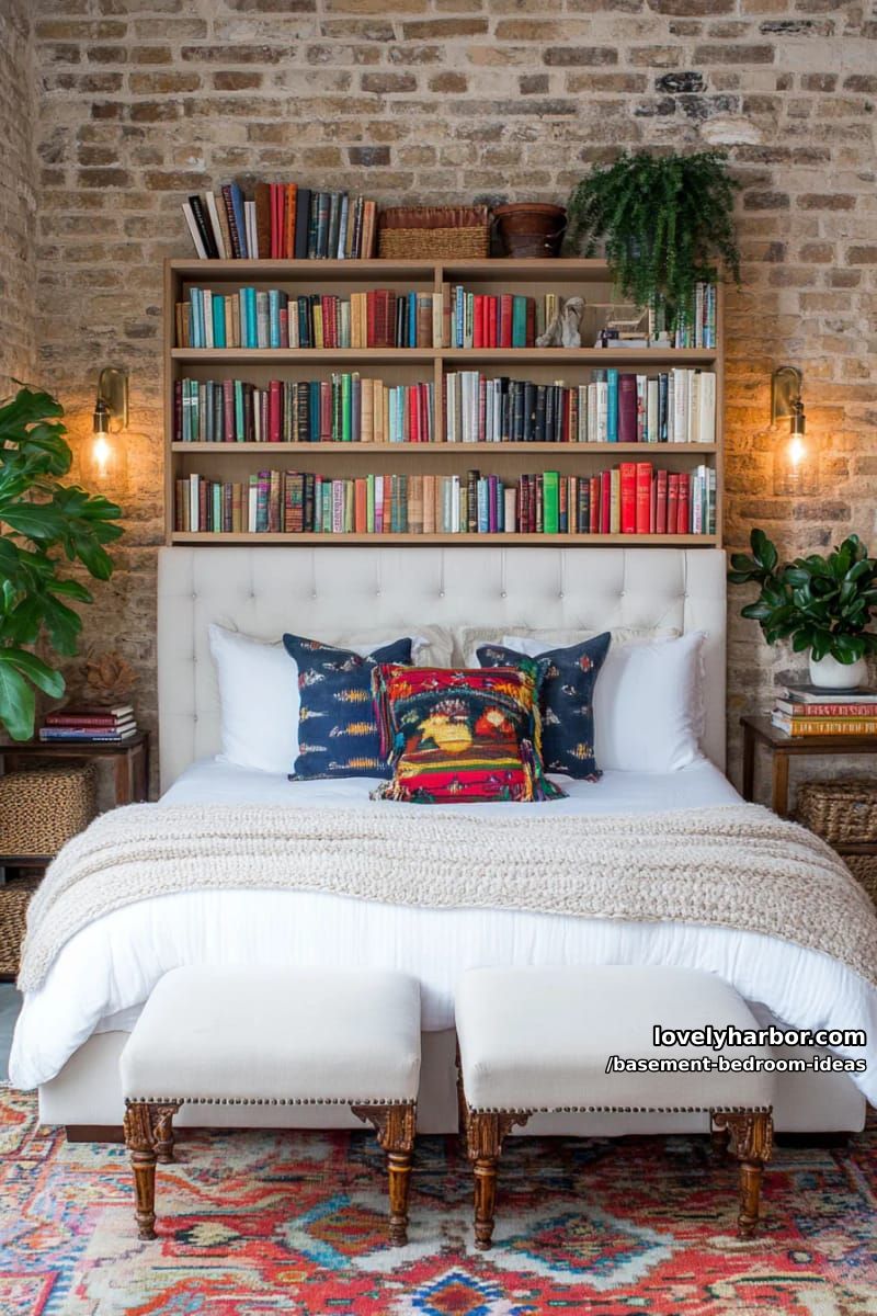 Integrated bookcase headboard flanked by cozy reading lamps and storage benches 1
