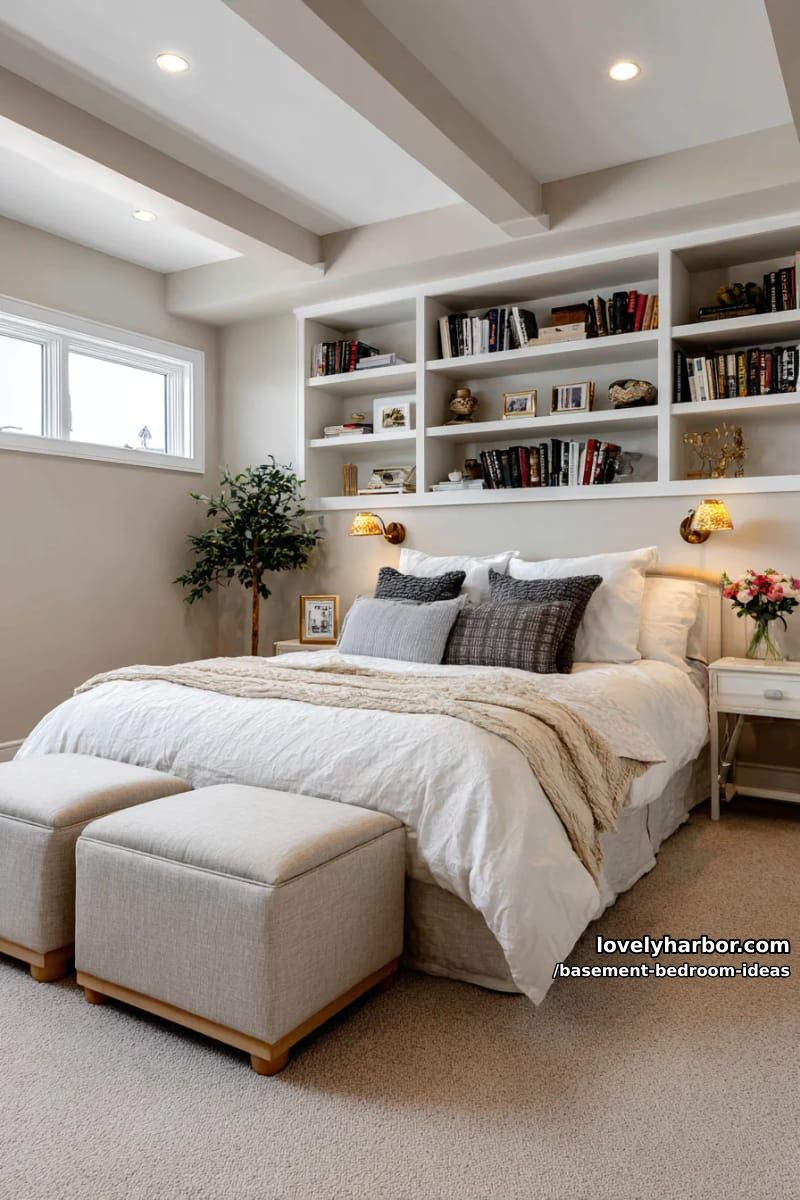 Integrated bookcase headboard flanked by cozy reading lamps and storage benches 1