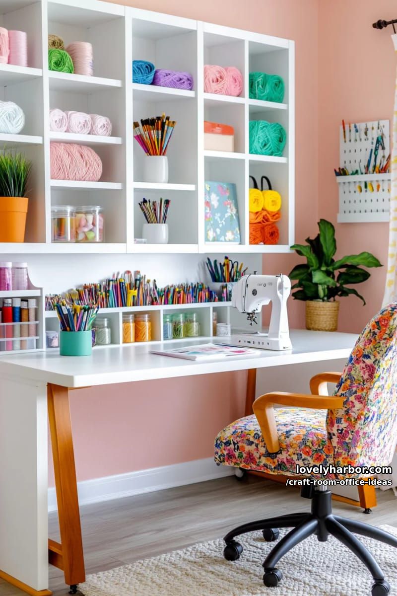 15 Versatile Craft Room Office Ideas for Modern Creatives 8 Integrated bookcase with compartments for fabric, thread and art supplies 1