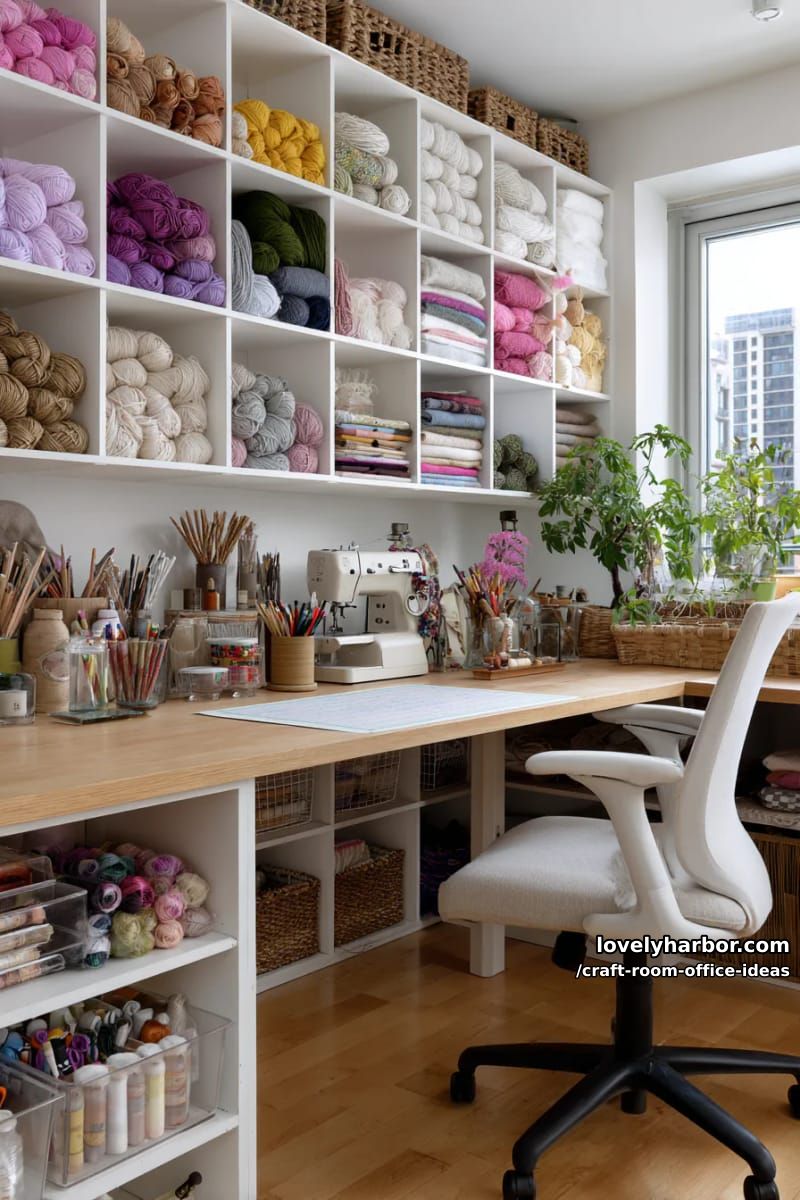 15 Versatile Craft Room Office Ideas for Modern Creatives 9 Integrated bookcase with compartments for fabric, thread and art supplies 1