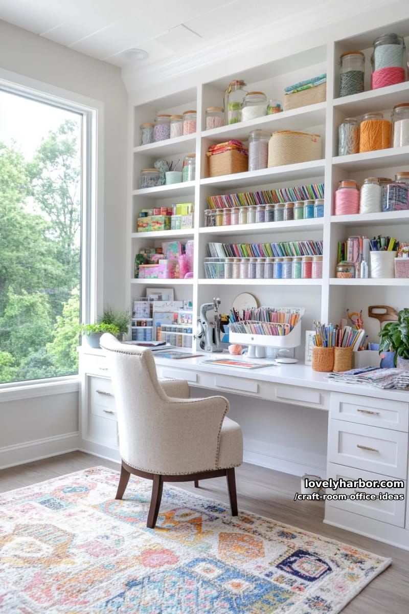 15 Versatile Craft Room Office Ideas for Modern Creatives 10 Integrated bookcase with compartments for fabric, thread and art supplies 1