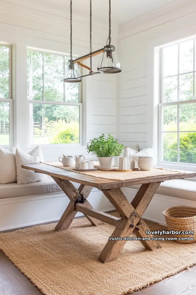 15 Rustic Kitchen and Living Room Combos for Modern Homes 20 Built-in breakfast nook with stepped walls and layered jute rugs 1