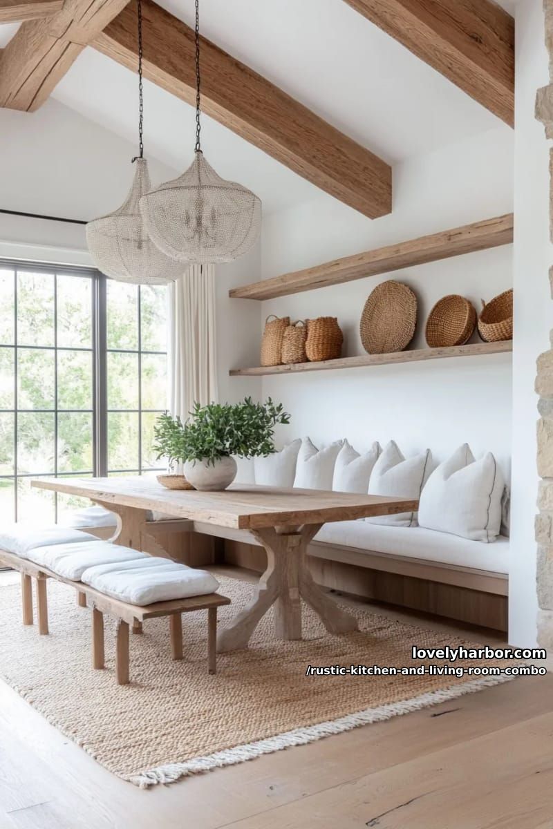 15 Rustic Kitchen and Living Room Combos for Modern Homes 21 Built-in breakfast nook with stepped walls and layered jute rugs 1