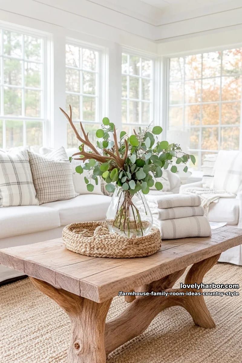 Chunky country-style coffee table with a fresh eucalyptus centerpiece and antler decor 1
