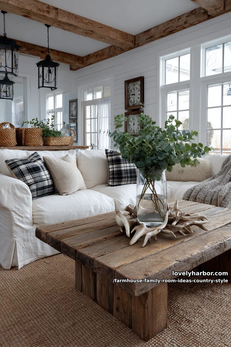 Chunky country-style coffee table with a fresh eucalyptus centerpiece and antler decor 1