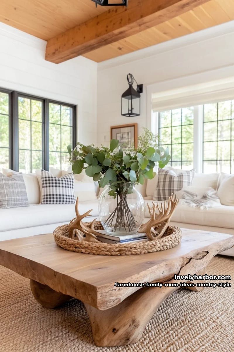 Chunky country-style coffee table with a fresh eucalyptus centerpiece and antler decor 1