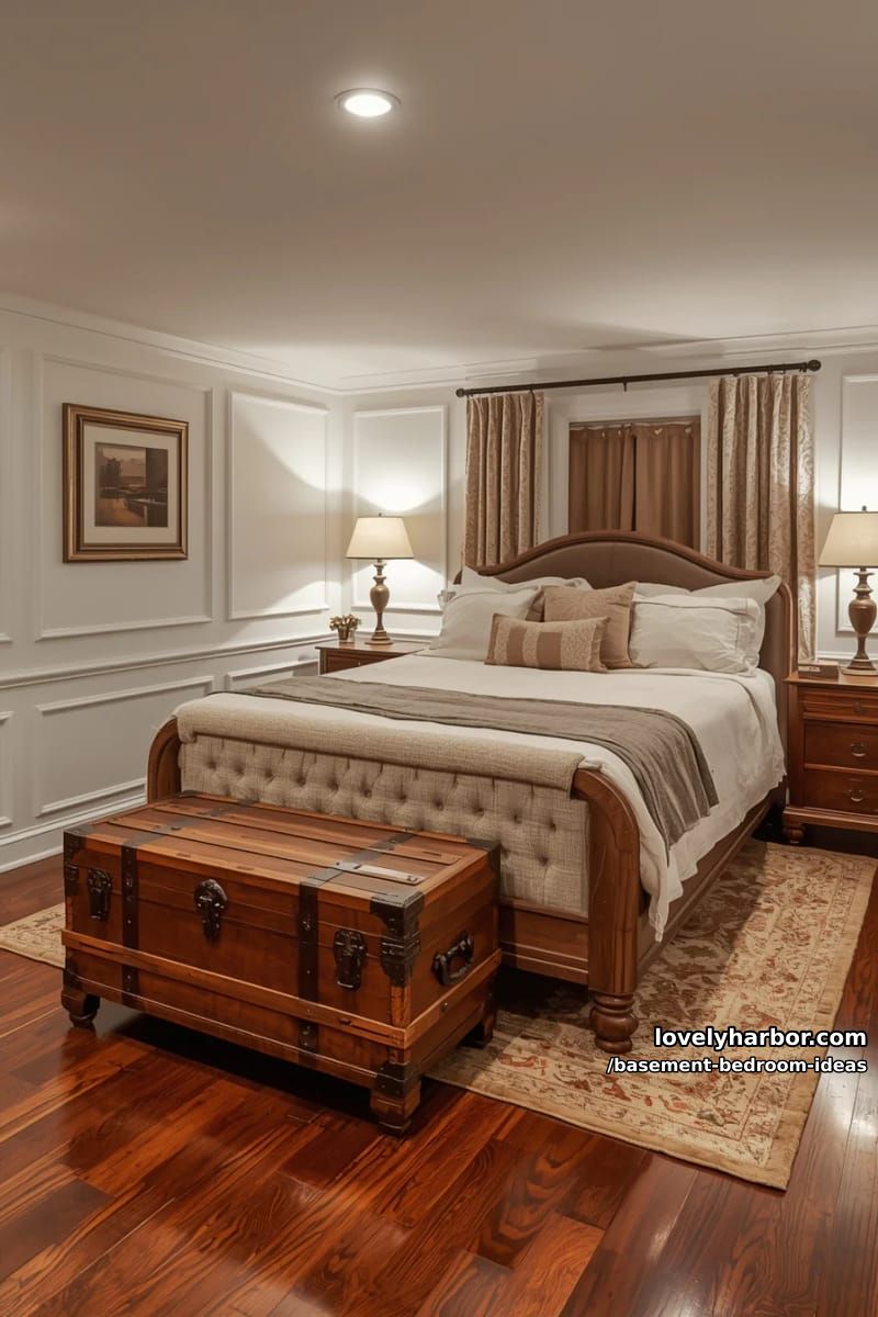 Classic guest suite with crown molding, vintage trunk and tufted bench 1