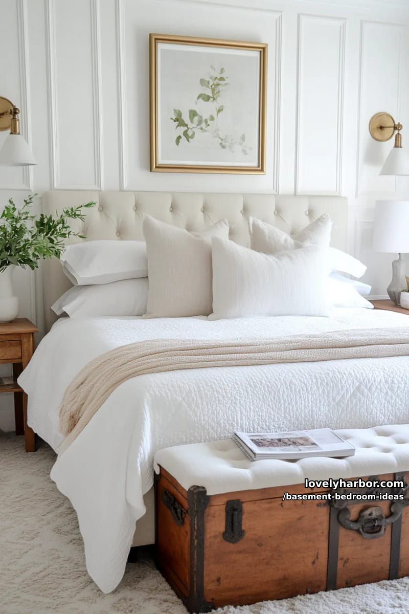 Classic guest suite with crown molding, vintage trunk and tufted bench 1