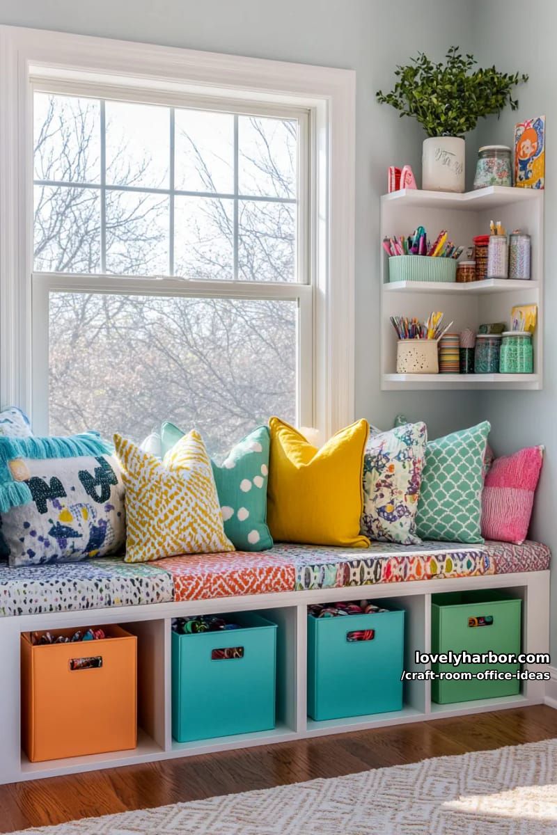 15 Versatile Craft Room Office Ideas for Modern Creatives 28 Colorful cube storage system under a windowsill for sunny craft breaks 1