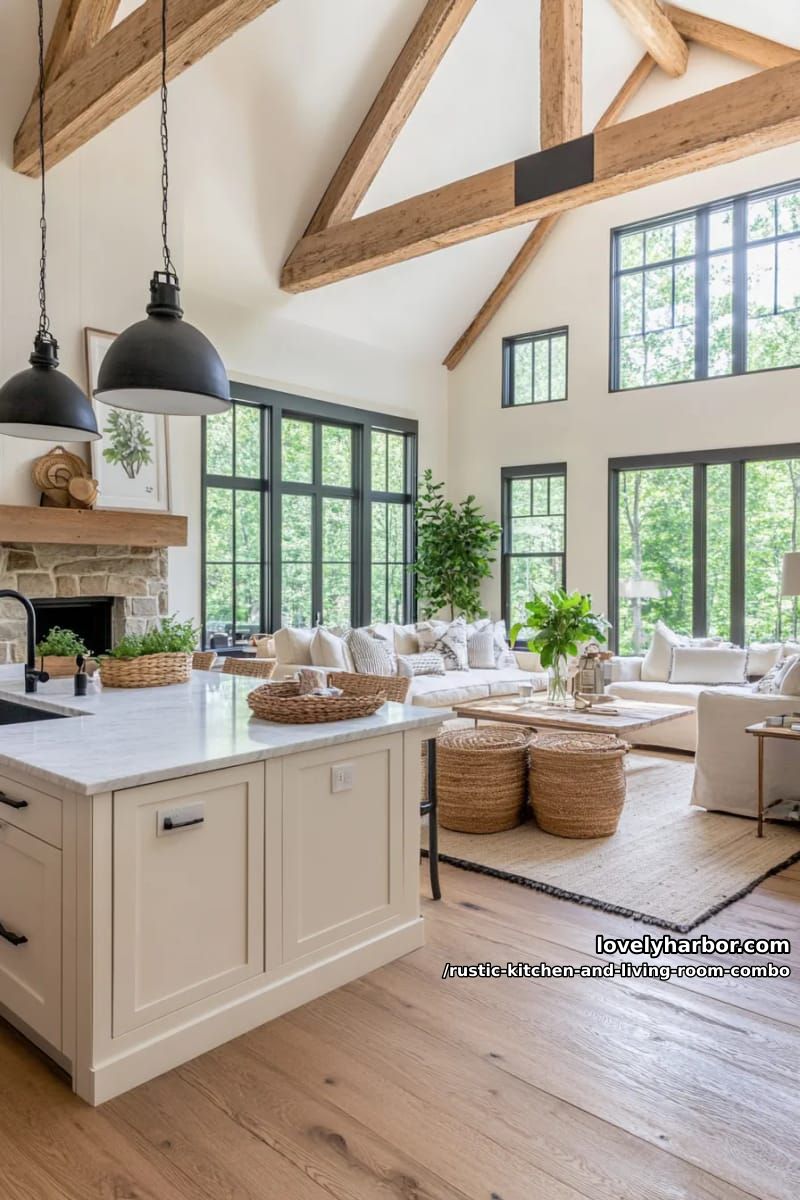 15 Rustic Kitchen and Living Room Combos for Modern Homes 11 contrasting modern black window frames with rustic floorboards throughout the first floor