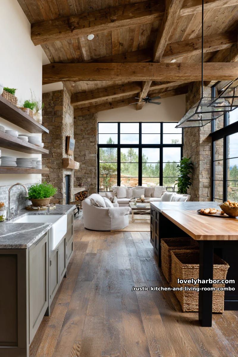 15 Rustic Kitchen and Living Room Combos for Modern Homes 12 contrasting modern black window frames with rustic floorboards throughout the first floor