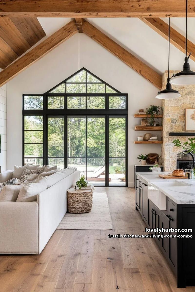 15 Rustic Kitchen and Living Room Combos for Modern Homes 10 contrasting modern black window frames with rustic floorboards throughout the first floor