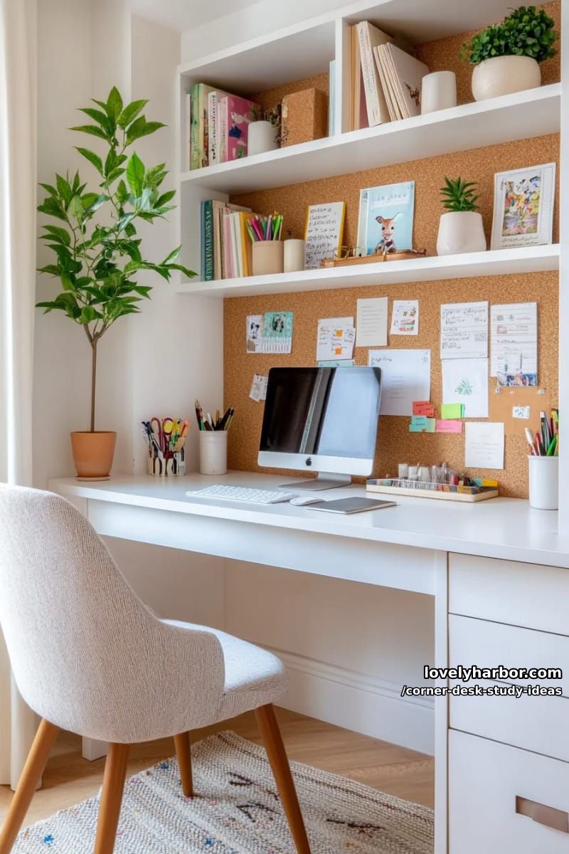 23 innovative Eckschreibtisch-Studienideen für moderne Räume 39 Eckschreibtisch mit Schrank, Pinnwand-Rückwand und farbblockiertem Schreibtischzubehör 1