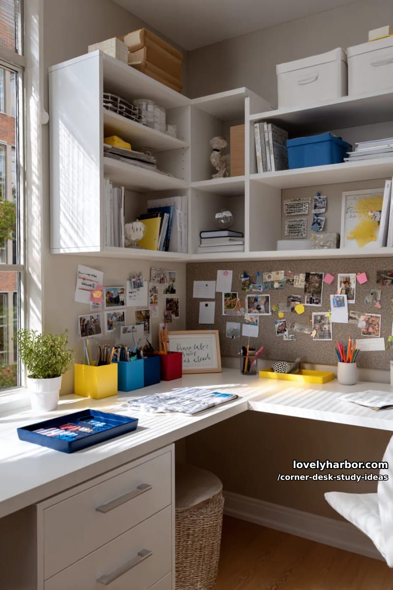 23 innovative Eckschreibtisch-Studienideen für moderne Räume 40 Eckschreibtisch mit Schrank, Pinnwand-Rückwand und farbblockiertem Schreibtischzubehör 1