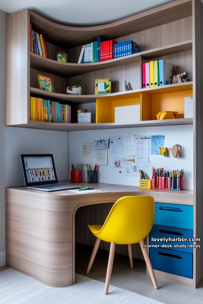 23 innovative Eckschreibtisch-Studienideen für moderne Räume 41 Eckschreibtisch mit Schrank, Pinnwand-Rückwand und farbblockiertem Schreibtischzubehör 1