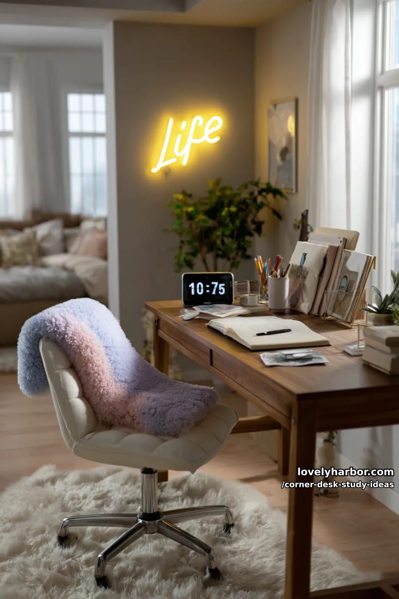 23 innovative Eckschreibtisch-Studienideen für moderne Räume 46 Eckarbeitsplatz für Teenager mit Leuchtreklame, Zeitschaltuhr und Plüsch-Schreibtischunterlage 1