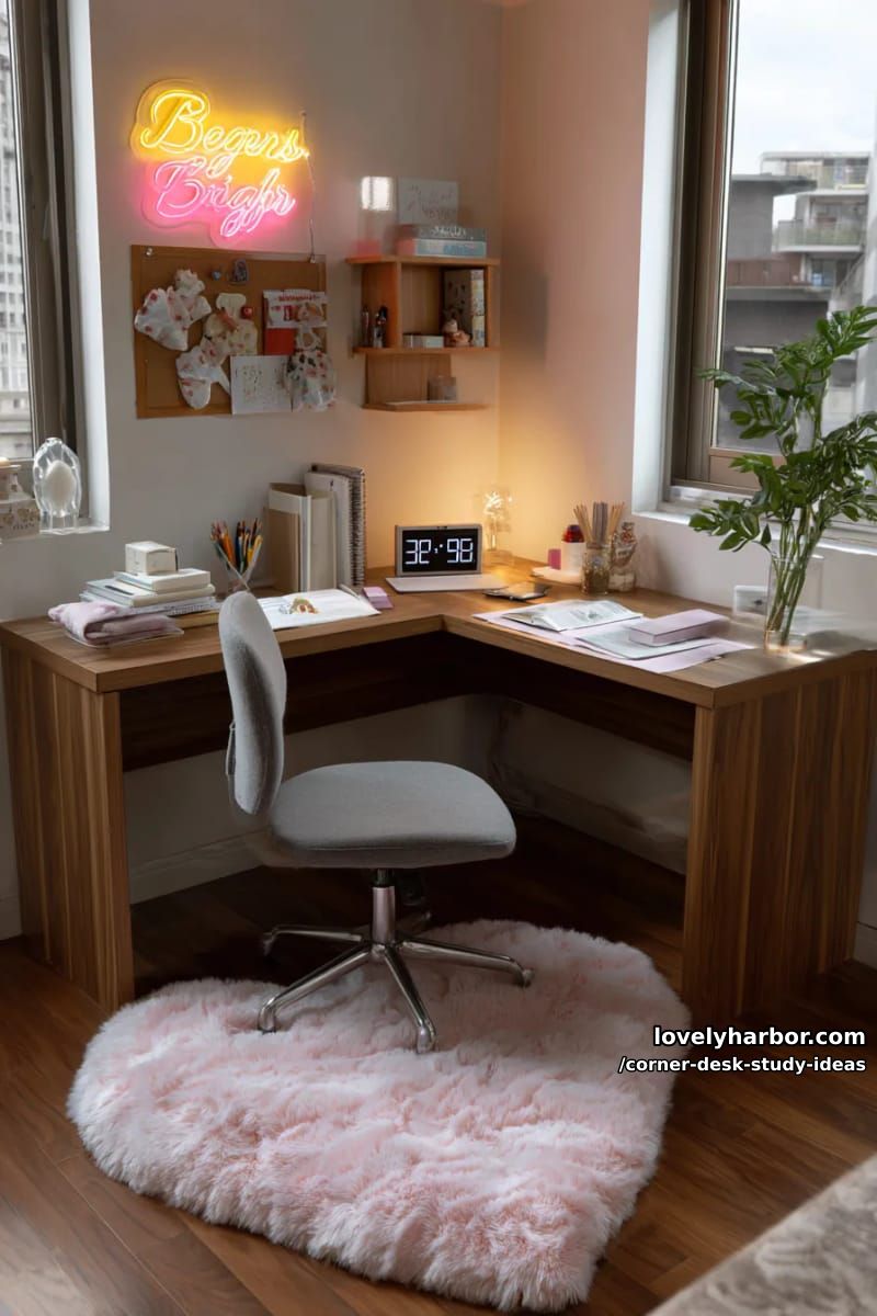 23 innovative Eckschreibtisch-Studienideen für moderne Räume 47 Eckarbeitsplatz für Teenager mit Leuchtreklame, Zeitschaltuhr und Plüsch-Schreibtischunterlage 1