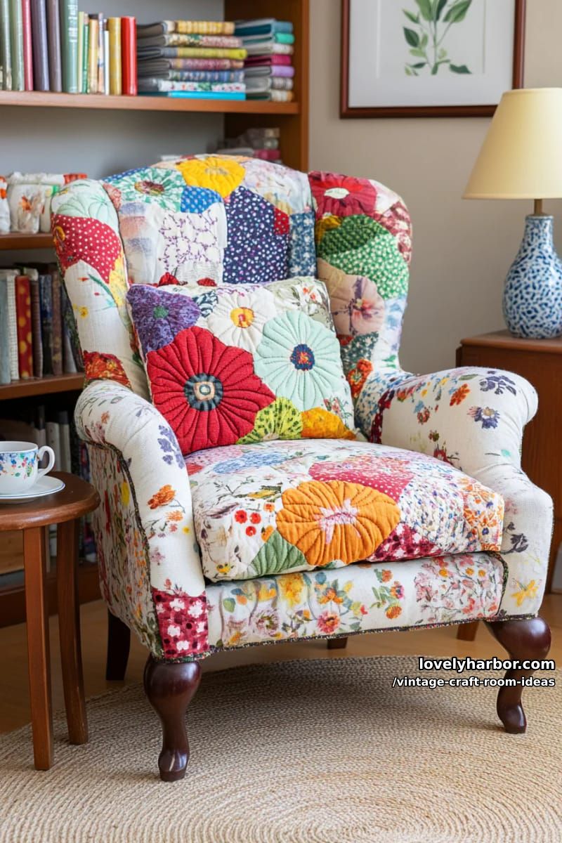 15 Vintage Craft Room Ideas for a Charming Creative Space 23 Cozy reading nook with floral armchair and handmade patchwork quilt accents 1