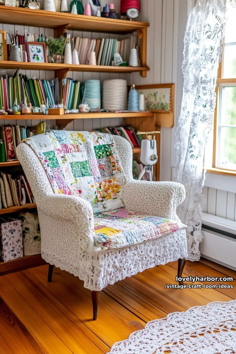 15 Vintage Craft Room Ideas for a Charming Creative Space 24 Cozy reading nook with floral armchair and handmade patchwork quilt accents 1