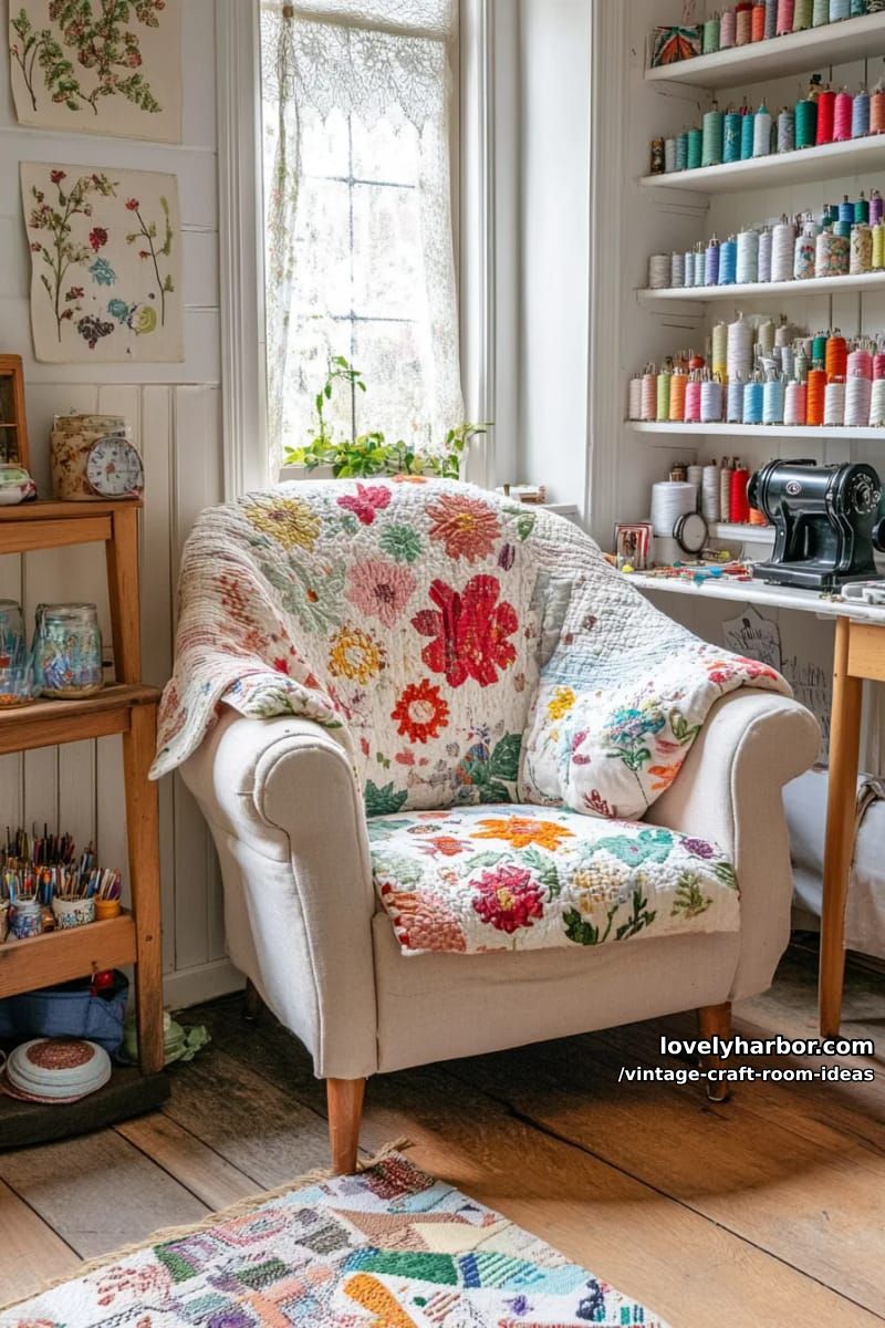 15 Vintage Craft Room Ideas for a Charming Creative Space 25 Cozy reading nook with floral armchair and handmade patchwork quilt accents 1