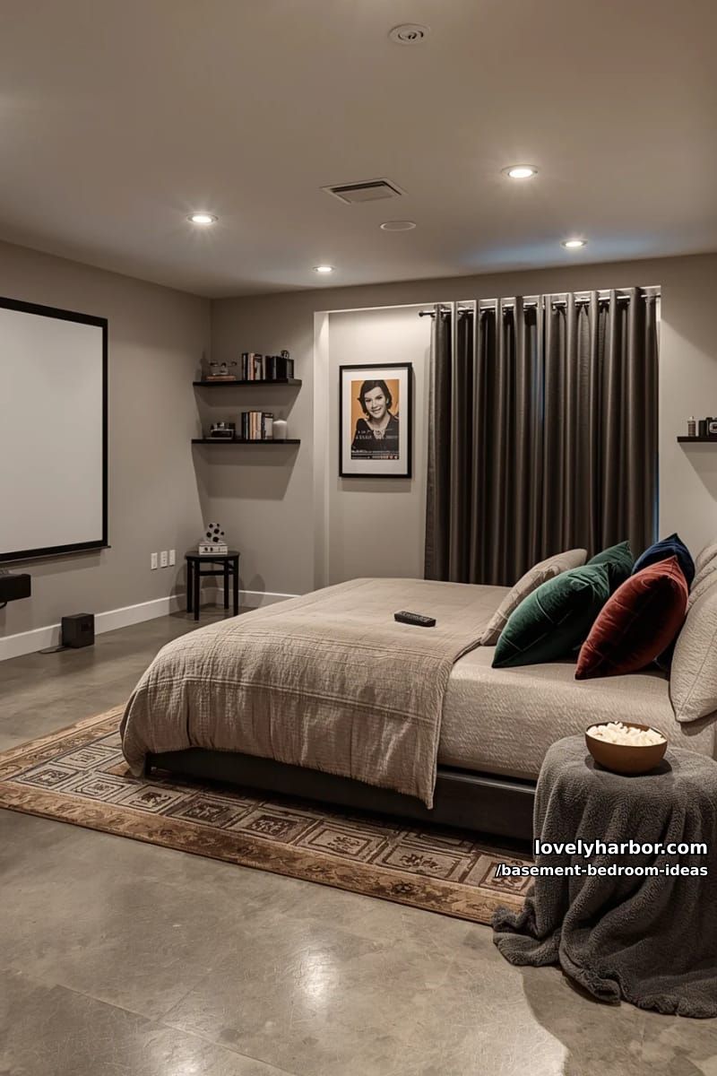 Cozy movie night zone: screen opposite a bed with velvet pillows 1