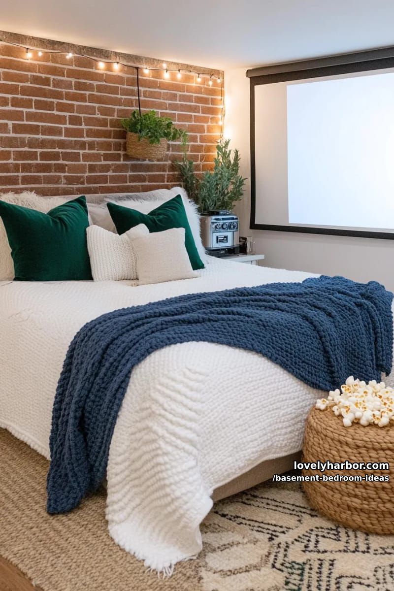 Cozy movie night zone: screen opposite a bed with velvet pillows 1