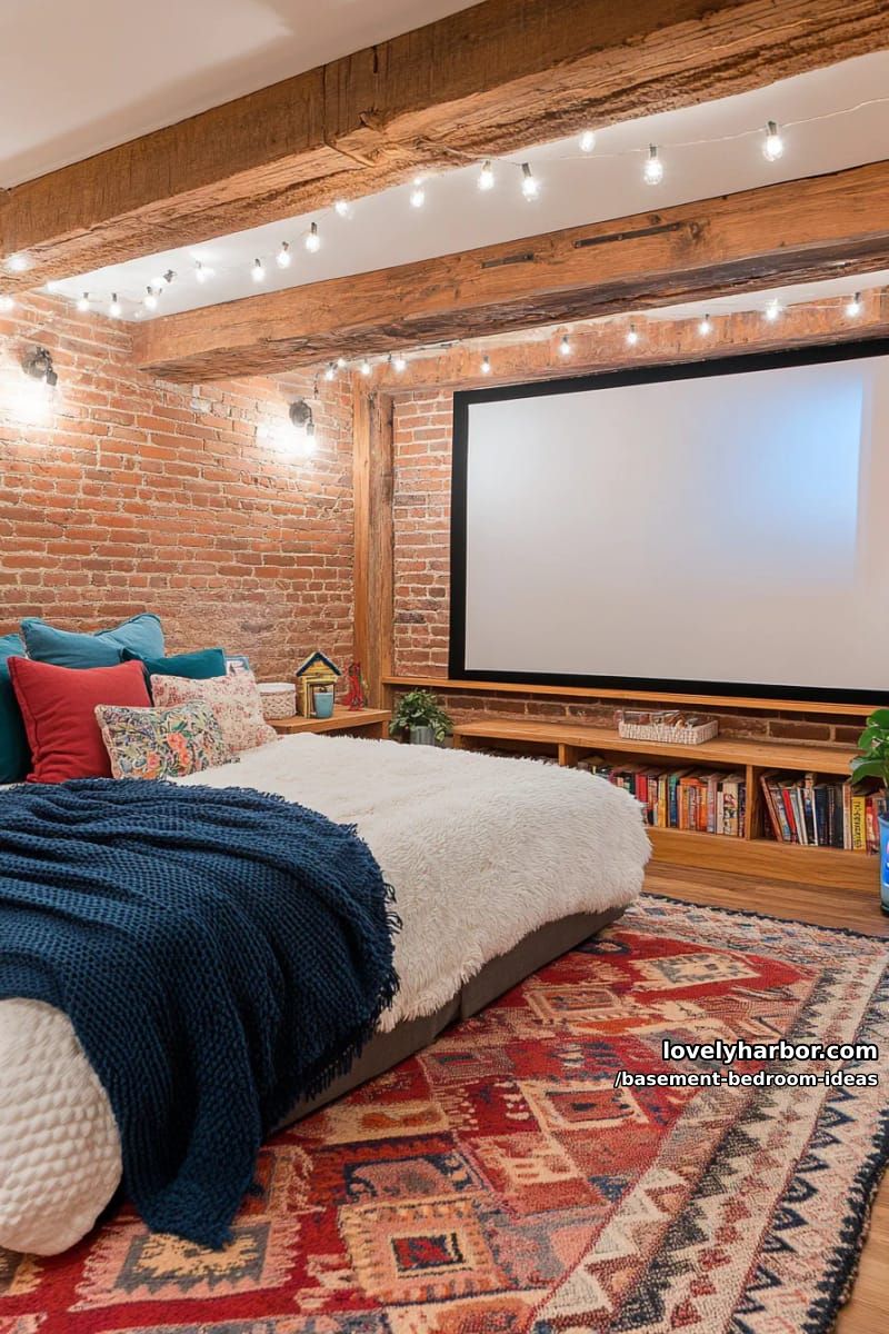Cozy movie night zone: screen opposite a bed with velvet pillows 1